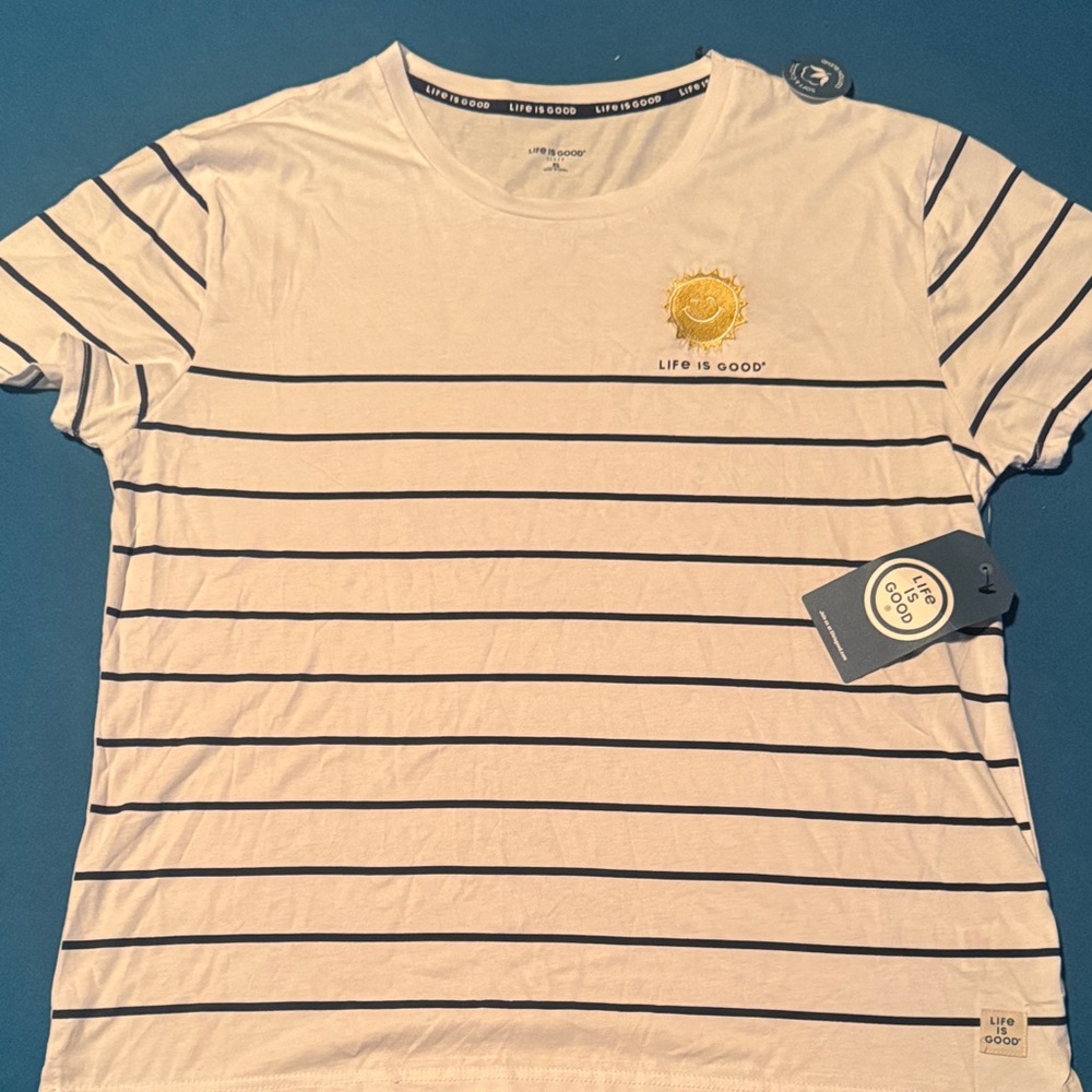 Life Is Good White and Navy Striped Sleep Tee NWT
